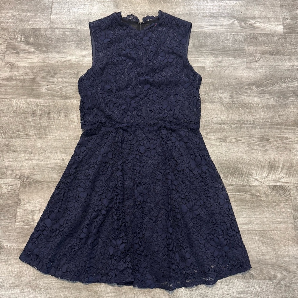 Betsy Johnson Navy Blue Lace Knee Length Dress Sz. 14 Small Mesh Back Lined